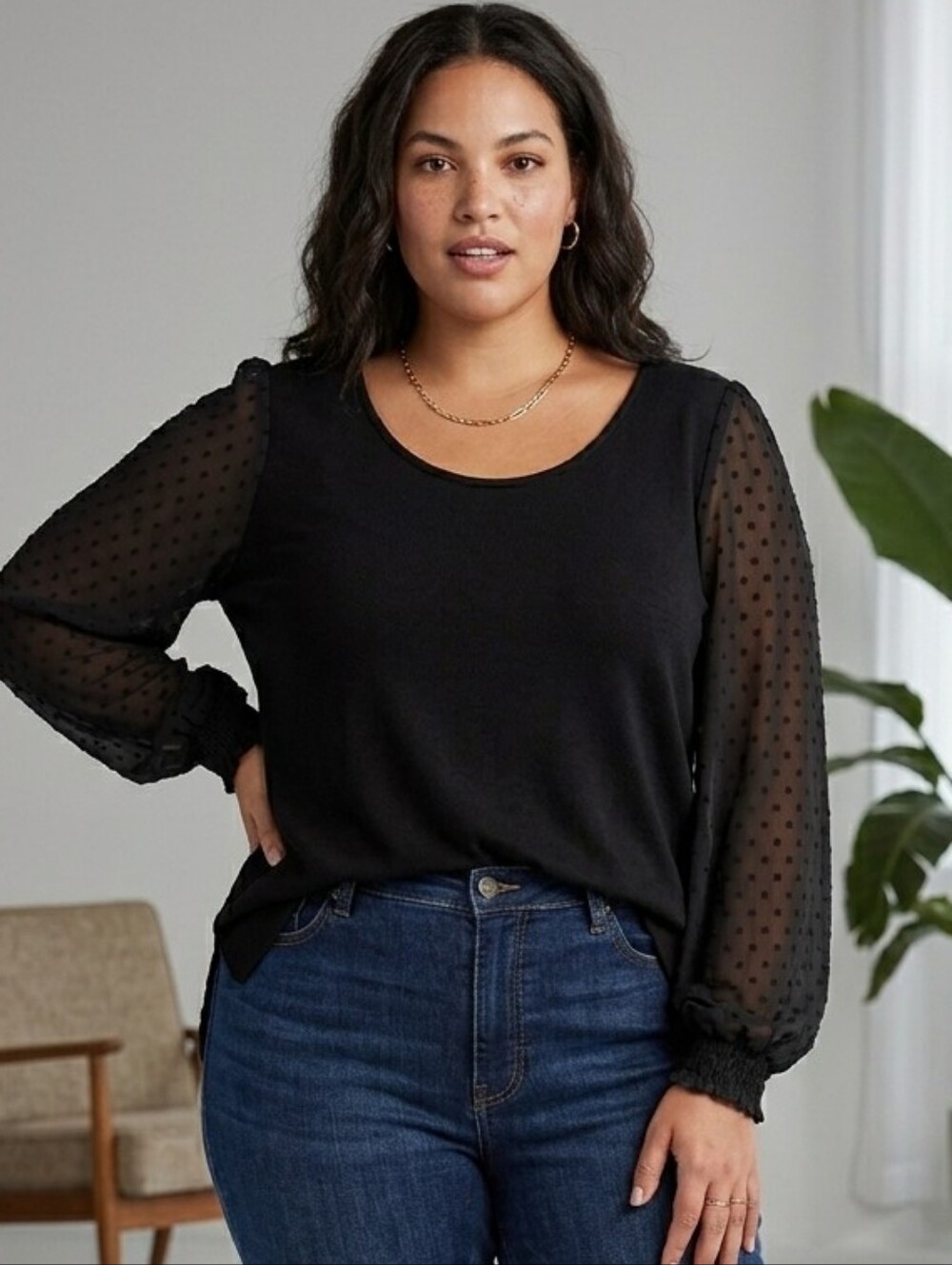 Democracy Blouse  Black Swiss Dot Sheer Sleeve High-low Hem Size XL